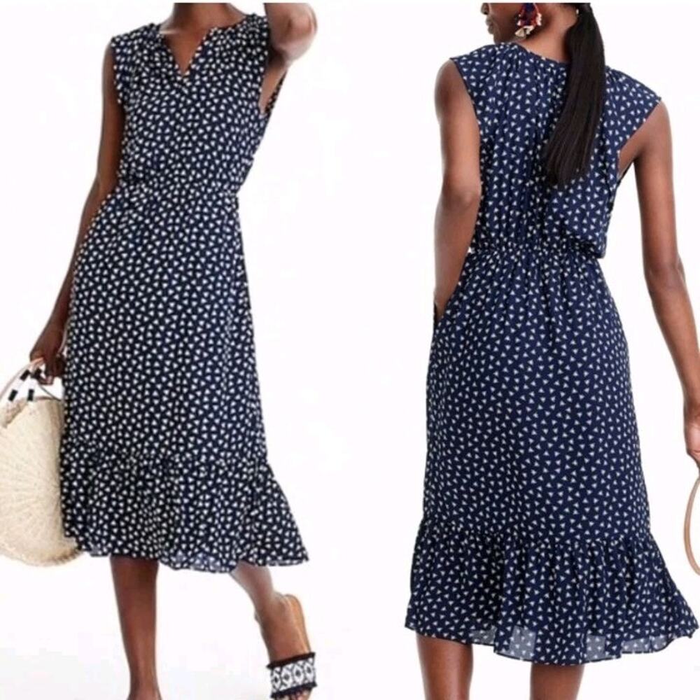 J. Crew Mercantile Midi Dress Ruffle Hem Navy White Dragonfly Print